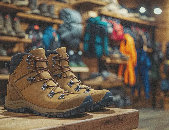 hiking boots inside a camping and hiking shop