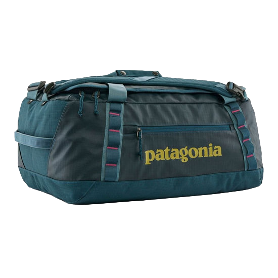 blue travel bag with Patagonia logo on the front