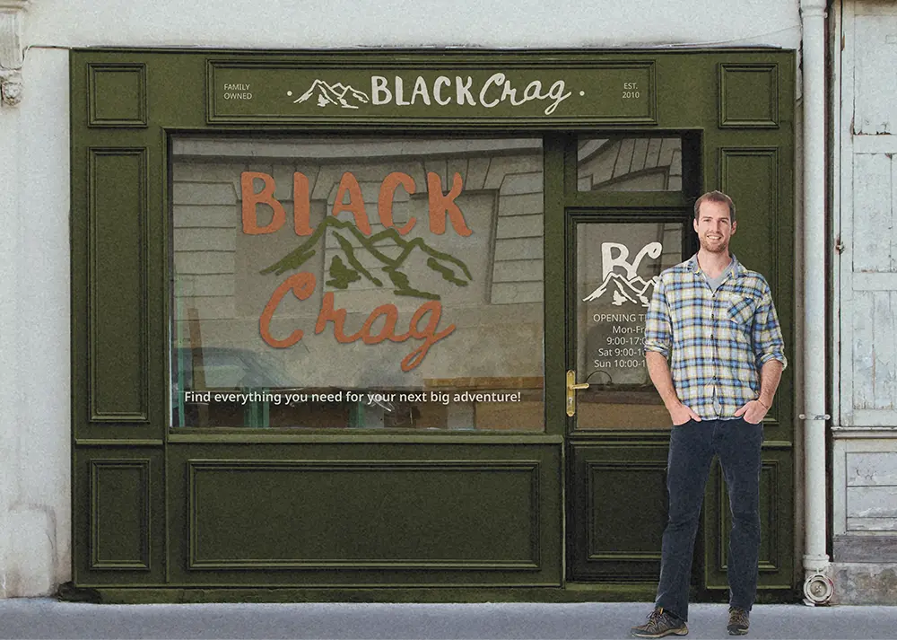 Black Crag storefront with man standing infront of it
